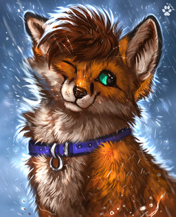 ambiguous_gender brown_body brown_fur brown_hair collar feral fur green_eyes hair orange_body orange_fur raining smile solo flashw canid canine fox mammal red_fox true_fox 2022 digital_media_(artwork) digital_painting_(artwork) painting_(artwork)