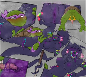 2_toes 3_fingers animal_genitalia animal_penis anthro anus backsack balls bent_leg between_legs bo_staff bodily_fluids body_mouth breasts breath breath_fog cowlick cunnilingus deep_cunnilingus dialogue drooling duo elbow_pads eyeshadow feet female fingers genitals good_boy hair hand_behind_head hands_on_waist heart_eyes heart_symbol internal long_tongue looking_pleasured lying makeup male male/female mascara mask multicolored_claws multicolored_pawpads multicolored_teeth musk nipples nude olfactophilia on_back on_front open_mouth oral pawpads penetration penis pheromones plump_labia prehensile_tail rear_view saliva sex sheath sound_effects spread_legs spreading tail tail_motion tailwag teeth toes tongue tongue_out tongue_penetration tonguejob vaginal vulva wearing_mask stinkyredhoodie teenage_mutant_ninja_turtles teenage_mutant_ninja_turtles_(1987) donatello_(tmnt) skitchy_(sk1tchy) dinosaur dromaeosaurid hybrid prehistoric_species reptile saurischian scalie theropod turtle velociraptor hi_res