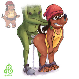 anal anthro beanie bodily_fluids bottomless bottomwear bottomwear_down bubble_butt butt clothed clothing cum faceless_character faceless_male footwear footwear_only genital_fluids green_body hat headgear headwear hotpants leaking_cum male male/male mostly_nude nipple_piercing nipples partially_clothed piercing shoes shoes_only shorts shorts_down smile dizzysauce_nsfw zyasixpear anon dizzy_the_dog canid canine canis domestic_dog humanoid mammal 1:1 hi_res