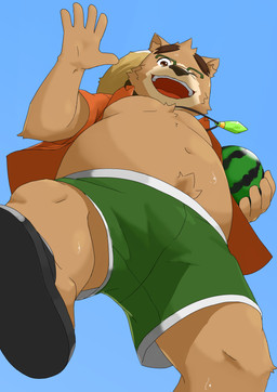 anthro belly blue_background brown_body brown_fur clothed clothing eyewear food fruit fur glasses hat headgear headwear humanoid_hands male melon moobs navel one_eye_closed open_clothing open_shirt open_topwear overweight overweight_anthro overweight_male plant shirt simple_background solo straw_hat swimwear topwear watermelon wink barontoko lifewonders tokyo_afterschool_summoners volos_(tas) bear mammal 2019 hi_res