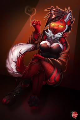 4_toes anthro barefoot biped boots breasts cigarette claws cleavage clothed clothing corset crossed_legs ear_piercing eyebrows eyelashes feet female finger_claws fishnet_clothing footwear fur glowing glowing_eyes hair half-closed_eyes inner_ear_fluff lingerie looking_at_viewer narrowed_eyes neck_tuft pawpads paws piercing shoes sitting smoke solo stripes toe_claws toes topwear tuft whiskers yellow_eyes yetifish canid canine canis mammal wolf 2019 hi_res