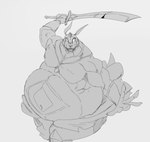 anthro belly big_belly bottomwear clothing headgear loincloth looking_at_viewer male melee_weapon musclegut muscular overweight overweight_male slightly_chubby solo sword weapon wristband reagan700 sword_art_online illfang_the_kobold_lord kobold hi_res monochrome