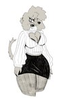 anthro black_bottomwear black_clothing black_nose black_skirt bottomwear breasts cleavage clothed clothing female fully_clothed fur grey_body grey_fur grey_hair grey_tail hair shirt simple_background skirt smile solo standing tail thick_thighs topwear white_background white_clothing white_shirt white_topwear thorn_paw bird_dog canid canine canis domestic_dog hunting_dog irish_water_spaniel mammal spaniel 2024 digital_media_(artwork) greyscale hi_res monochrome portrait three-quarter_portrait