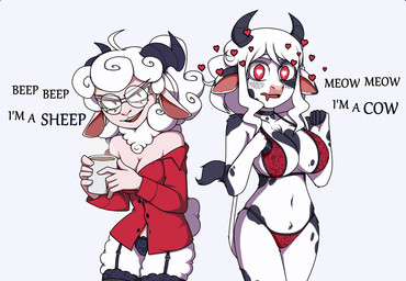 anthro anthrofied blush bra breasts clothing duo female hair heart_eyes heart_symbol horn panties red_eyes text underwear white_hair commisargabe helltaker modeus_(helltaker) pandemonica_(helltaker) bovid bovine caprine cattle mammal sheep meme