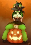 anthro breasts clothed clothing female food fruit fur genitals green_body green_fur hair hat headgear headwear holidays jack-o'-lantern magic_user nipple_dip nipples partially_clothed plant pumpkin pussy simple_background sitting_on_pumpkin smile solo witch drxii halloween neopets sophie_the_swamp_witch deer ixi_(neopets) mammal neopet_(species) 2023 2:3 digital_media_(artwork) hi_res