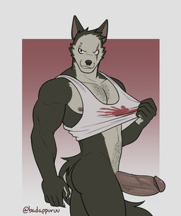 anthro athletic athletic_male barbell_piercing big_penis body_hair butt chest_hair circular_barbell_piercing clothing clothing_pull ear_piercing eye_scar eyebrow_piercing facial_piercing facial_scar furrowed_brow genitals happy_trail humanoid_genitalia humanoid_penis male nipples nose_piercing nose_ring penis piercing pubes ring_piercing scar shirt shirt_pull side_view smile smirk solo tail topwear topwear_pull vein veiny_penis appuruu creepypasta miles_(amon-sydonai) smile.dog canid canine canis domestic_dog husky mammal nordic_sled_dog spitz hi_res portrait three-quarter_portrait