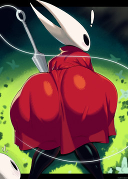 all_fours anthro big_butt biped blush butt clothed clothing duo exclamation_point huge_butt looking_back no_pupils outside rear_view red_clothing solo_focus thick_thighs wide_hips demidoggo hollow_knight_(franchise) team_cherry hornet_(hollow_knight) animal_humanoid arthropod arthropod_humanoid humanoid hi_res