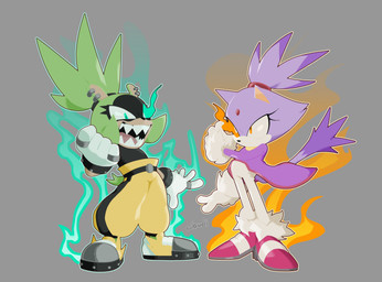 bottomwear clothing duo electricity female fire forehead_gem fur fur_trim gem green_body green_fur hair open_mouth pants purple_body purple_fur ring sharp_teeth teeth tied_hair white_bottomwear white_clothing white_pants yellow_bottomwear yellow_clothing yellow_pants irregularcloudi idw_publishing sega sonic_the_hedgehog_(comics) sonic_the_hedgehog_(idw) sonic_the_hedgehog_(series) blaze_the_cat surge_the_tenrec afrosoricid domestic_cat felid feline felis mammal tenrec absurd_res hi_res