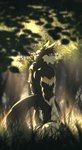 anthro black_body black_fur blonde_hair forest fur grass hair light male plant solo sunlight tree white_body white_fur reilukah vortiganshine canid canine mammal absurd_res digital_media_(artwork) hi_res shaded