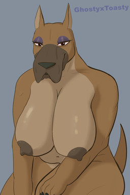 anthro areola bedroom_eyes big_breasts breasts brown_body cropped_ears eyelashes eyeliner eyeshadow female glistening_eyelids long_eyelashes makeup narrowed_eyes nipple_dip nipples purple_eyeshadow seductive smile solo thick_thighs ghostyxtoasty canid canine canis domestic_dog great_dane mammal mastiff molosser 2:3 absurd_res hi_res