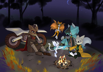 anthro black_eyes brown_body brown_fur campfire ear_piercing facial_markings female forest fur green_eyes group hair head_markings male markings membrane_(anatomy) membranous_wings nature night orange_body piercing plant tail tree white_body white_fur wings mancoin dust:_an_elysian_tail laika_aged_through_blood microsoft nine_sols ori_(series) red_candle_games xbox_game_studios dust_(elysian_tail) fidget_(elysian_tail) laika_(laika_aged_through_blood) ori_(ori) yi_(nine_sols) bat canid canine canis coyote domestic_cat felid feline felis guardian_spirit mammal nimbat solarian 2025 digital_media_(artwork) hi_res signature
