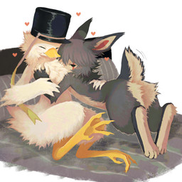 anthro anthro_on_anthro avian_feet beak beak_closed bed bird_legs black_clothing black_hat black_headwear blush blush_lines claws clothing cuddling duo eye_scar eyes_closed facial_scar feathers feet female fluffy fur furniture hand_on_another's_back hand_on_another's_chest hand_on_back hand_on_chest hat headgear headwear heart_symbol hindpaw kemono lying male male/female membrane_(anatomy) mouth_closed neck_tuft on_back on_bed paws pillow purple_body purple_fur purple_tail red_scar scar scut_tail short_tail tail tan_body tan_fur teeth toes toothed_beak tuft webbed_feet white_body white_feathers yellow_beak yellow_feet yellow_legs jejejunum jejunum_(jejejunum) vulcan_(boxwater) anatid anseriform avian bird duck lagomorph leporid mammal rabbit 1:1 2025 digital_media_(artwork) firealpaca_(artwork) hi_res