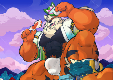 abs anthro asian_clothing barazoku biceps big_muscles bulge clothed clothing detailed_bulge east_asian_clothing fundoshi fur genital_outline huge_muscles japanese_clothing macro male muscular muscular_anthro muscular_male orange_body orange_fur outside pecs penis_outline underwear oinu_kori nintendo pokemon kori_(oinu_kori) arcanine canid canine generation_1_pokemon mammal pokemon_(species) digital_media_(artwork) hi_res