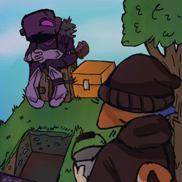 anthro beanie blue_body blue_fur bucket clothing cloud container crafting_table dirt duo female female/female fur grass hat headgear headwear holding_object hoodie multicolored_body multicolored_fur orange_body orange_fur plant tail topwear tree white_body white_fur itsnamiko epic_games fortnite microsoft minecraft mojang skyblock xbox_game_studios meow_skulls raven_team_leader bear domestic_cat felid feline felis mammal 1:1 2026