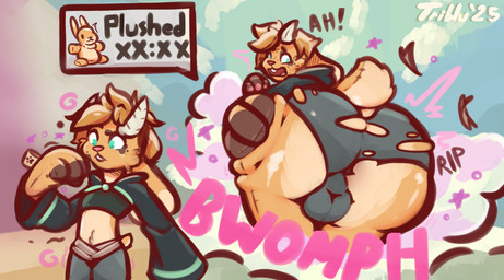 after_transformation anthro antlers backsack balls butt butt_expansion clothing cropped_hoodie debuff expansion gameplay_mechanics genitals horn male onomatopoeia plushie plushie_tag plushie_transformation solo sound_effects text torn_clothing transformation transformation_sequence triblu arden_(anonymous) animate_inanimate jackalope lagomorph leporid living_plushie mammal rabbit