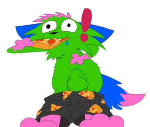 animal_genitalia anthro bodily_fluids bottomwear bottomwear_down clothed clothing exclamation_point food fully_sheathed fur genitals green_body green_fur holding_food holding_object male multicolored_body multicolored_fur pants pants_down partially_clothed saliva sheath shorts silly solo surprised toony gigaderp123 don't_touch_my_pizza_(meme) nyanwolf kevin_(nyanwolf) hi_res