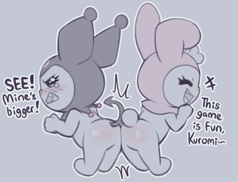 ambiguous/ambiguous ambiguous_gender anthro arched_back arms_bent biped black_text blush blush_lines body_blush butt butt_blush butt_squish chibi cute_fangs dialogue duo emanata exclamation_point eyelashes fangs featureless_butt feet glistening glistening_eyes grey_background grey_hood grey_tail hood_only mostly_nude_ambiguous mostly_nude_anthro open_mouth open_smile pink_hood short_tail simple_background smile spade_tail squish tail talking_to_another teeth text heshieokf onegai_my_melody sanrio kuromi my_melody demon lagomorph leporid mammal rabbit 2025 digital_drawing_(artwork) digital_media_(artwork) english_text flat_colors handwritten_text hi_res spot_color female_(lore)