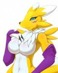 anthro breasts featureless_breasts female fur smile solo yellow_body yellow_fur kemojin bandai_namco digimon canid canine digimon_(species) mammal renamon 2019 hi_res