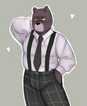 anthro bottomwear clothing heart_symbol male necktie pants shirt simple_background slightly_chubby solo suspenders topwear zadscat unicorn_wars sargento_caricias bear mammal 2023 hi_res