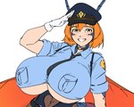 antennae_(anatomy) big_breasts black_choker black_jewelry black_necklace black_necktie blue_clothing blue_shirt blue_topwear blush breasts choker clothing female furgonomic_headwear furgonomics gesture gloves grin handwear huge_breasts jewelry looking_at_viewer necklace necktie orange_wings police police_uniform salute shirt simple_background smile solo topwear under_boob uniform white_background white_clothing white_gloves white_handwear wings randomtanstudio fives_(randomtanstudio) animal_humanoid arthropod arthropod_humanoid humanoid hymenopteran hymenopteran_humanoid insect insect_humanoid wasp_humanoid