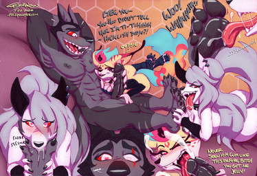 4_arms 4_fingers 4_toes abs anthro anthro_on_anthro areola athletic athletic_anthro athletic_male ball_fondling balls bangs black_nose blind_eye blue_hair blush blush_lines bodily_fluids breasts butt cartoon_freckles chest_tuft claws cum cumshot ejaculation erection eye_scar eyelashes facial_scar facial_tuft fangs feet female female_licking_male finger_claws fingers fondling foot_fetish foot_in_mouth foot_lick foot_play foot_suck freckled_face freckles fur genital_fluids genitals grey_body grey_fur grey_hair group group_sex hair hair_over_eye handjob hands_behind_head heart_eyes heart_symbol hindpaw humanoid_feet humanoid_hands intimate licking long_eyelashes male male/female multi_arm multi_limb muscular muscular_anthro muscular_male nipples nude paws pecs penile penis piercing plantigrade red_sclera saliva saliva_on_foot saliva_on_tongue scar sex sucking teeth text threesome toe_claws toe_in_mouth toe_suck toes tongue tongue_out trio tuft white_body white_eyes white_fur yellow_body yellow_fur thebigmansini hellaverse helluva_boss mythology loona_(helluva_boss) queen_bee-lzebub_(helluva_boss) vortex_(helluva_boss) arthropod bee canid canid_demon canine demon fox hellhound hybrid hymenopteran insect mammal mythological_canine mythological_creature 2026 colored english_text hi_res