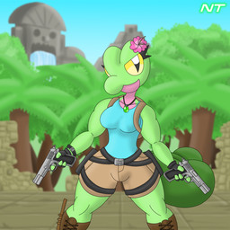 2_tails anthro backpack belly belt boots bottomwear clothing cosplay dual_wielding eyelashes female fingerless_gloves footwear forest gloves green_body gun handgun handwear head_flower holding_gun holding_object holding_ranged_weapon holding_weapon holster jewelry jungle looking_at_viewer multi_tail necklace outside palm_tree pink_belly pistol plant pokemorph ranged_weapon ruins shirt shoes shorts solo standing tail tank_top topwear tree weapon yellow_eyes ninjatreecko nintendo pokemon tomb_raider fan_character fern_shinamori generation_3_pokemon pokemon_(species) reptile scalie treecko 1:1 hi_res