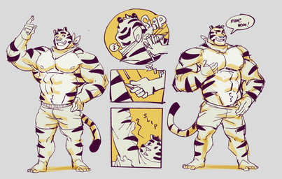 anthro barazoku big_muscles bodysuit bodysuit_pull clothed clothing male mascot muscular muscular_anthro muscular_male nipples partially_clothed pec_grab pecs skinsuit tight_clothing unzipped zipper p0sporo frosted_flakes kellogg's tony_the_tiger felid mammal pantherine tiger