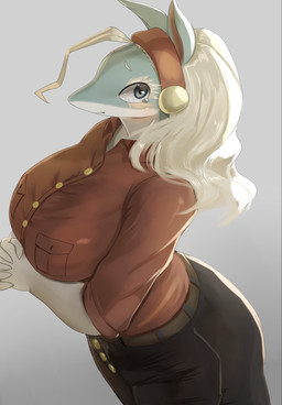 5_fingers accessory anthro arms_bent belt big_breasts black_bottomwear black_clothing black_pants blonde_eyebrows blonde_eyelashes blonde_hair blue_eyes bodily_fluids bottomwear breasts brown_belt button_(fastener) clothed clothed_anthro clothed_female clothing collared_shirt dress_shirt eyebrows eyelashes female female_anthro fingers fully_clothed fully_clothed_anthro fully_clothed_female glistening glistening_eyes grey_background hair hair_accessory hairband hands_together high-angle_view mouth_closed pants pupils red_clothing red_dress_shirt red_hairband red_shirt red_topwear shirt simple_background snout solo standing tan_body teal_body teal_ears tears topwear white_sclera hopping4 my_hero_academia ippan_josei mammal quirked_human_(my_hero_academia) 2025 digital_media_(artwork) hi_res portrait shaded soft_shading three-quarter_portrait