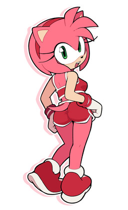 accessory anthro bent_leg bottomwear butt clothing crop_top cutout dolphin_shorts eyelashes female footwear gloves green_eyes hair_accessory hairband handwear looking_at_viewer looking_back open_mouth open_smile shirt shoes shorts simple_background smile sneakers solo tail tank_top topwear white_background workout_clothing gaturo sega sonic_the_hedgehog_(series) amy_rose absurd_res hi_res