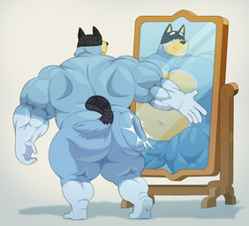 anthro back_muscles barazoku belly belly_overhang biceps big_belly big_butt big_muscles bubble_butt butt butt_jiggle butt_slap butt_squish deltoids emanata eyebrows featureless_crotch fur huge_belly huge_butt huge_muscles jiggling kemono looking_at_self male mirror motion_lines musclegut muscular muscular_anthro muscular_male narrowed_eyes navel nude pecs plantigrade rear_view reflection shadow simple_background slap slapping_own_butt slapping_self smile solo spanking squish standing thick_arms thick_thighs triceps tuft white_background elninisss bluey_(series) bandit_heeler australian_cattle_dog canid canine canis cattledog domestic_dog herding_dog mammal pastoral_dog 2025 absurd_res hi_res