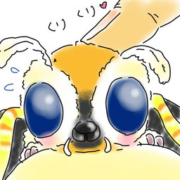 ambiguous_gender antennae_(anatomy) beak blue_eyes blush duo fingers heart_symbol looking_at_viewer wings unknown_artist mothra_(series) toho mothra arthropod insect kaiju lepidopteran moth 1:1
