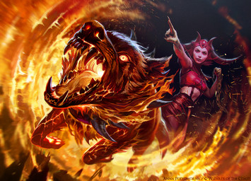 ambiguous_gender breasts burning duo female feral fire gesture hand_gesture holding_chain horn open_mouth pointing sharp_teeth smile teeth akreon hasbro magic:_the_gathering mythology wizards_of_the_coast judith_the_scourge_diva canid canid_demon canine demon demon_humanoid hellhound humanoid mammal mythological_canine mythological_creature official_art