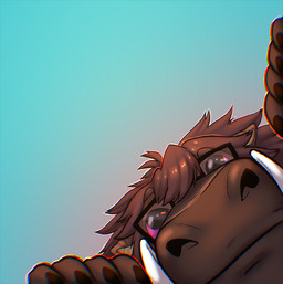 anthro blue_background brown_body brown_claws brown_ears brown_hair claws close-up eyewear glasses glistening glistening_eyes hair looking_at_viewer male pink_eyes rectangular_glasses simple_background solo tan_inner_ear tusks ninetht chromatic_aberration digital_media_(artwork) shaded soft_shading