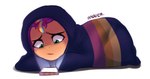 bedding blanket blanket_burrito bodily_fluids cellphone electronics female green_eyes hair multicolored_hair phone simple_background smartphone solo tears white_background marenlicious hasbro mlp_g5 my_little_pony sunny_starscout_(mlp) earth_pony equid equine horse mammal pony hi_res