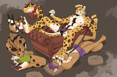 anthro beard belt blonde_hair body_hair brown_body brown_fur bulge chest_hair clothing digit_ring ear_piercing eyes_closed eyewear facial_hair feet foot_fetish foot_lick fur furniture genital_markings genitals glasses green_eyes group hair jewelry licking lying lying_on_ground lying_on_sofa male male/male markings muscular on_ground on_sofa pawpads penis penis_markings piercing pillow purple_hair ring sofa toe_ring toes tongue tongue_out trio underwear white_body white_fur yellow_body yellow_fur russell_allen therris canid canine canis dingo felid feline leopard lynx mammal pantherine 2022
