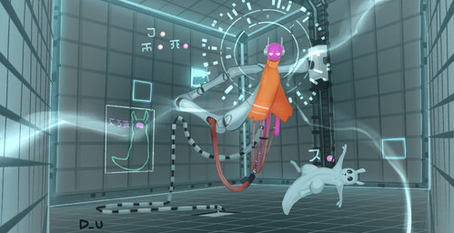 ambiguous_gender anthro biped black_sclera digitigrade duo floating inside pink_body semi-anthro white_body white_eyes wire discreet_user rain_world videocult five_pebbles_(rain_world) survivor_(rain_world) iterator_(rain_world) slugcat 2023 digital_media_(artwork) hi_res