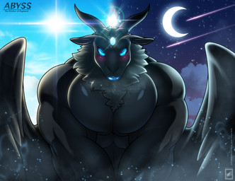 anthro black_body black_fur black_skin blue_eyes blue_lips blush chest_tuft cloud day femboy fur horn lips looking_at_viewer male moon muscular muscular_anthro muscular_femboy muscular_male night sky smile solo star starry_sky sun tuft wings walter_sache bovid caprine demon goat mammal 2016 absurd_res hi_res