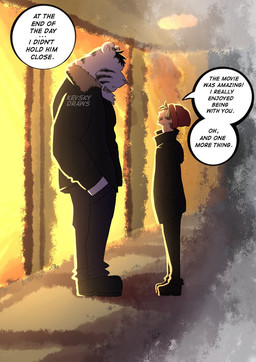 anthro bottomwear clothing date dialogue door duo eye_contact footwear fur hat headgear headwear human_on_anthro interspecies jacket larger_anthro lights looking_at_another male male/male pants shoes size_difference smaller_human text topwear white_body white_fur kevsky_draws felid human mammal pantherine tiger english_text