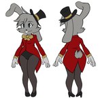 anthro bow_tie buckteeth clothing female fur gloves grey_body grey_fur handwear hat headgear headwear legwear leotard leotard_under_clothing magician magician_hat multiple_angles red_outfit simple_background solo stockings tail teeth tights top_hat white_background artdcora tricksy_(artdcora) lagomorph leporid mammal rabbit absurd_res hi_res model_sheet