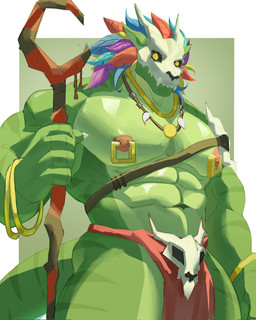 5_fingers abs anthro big_muscles big_pecs bone bone_mask bottomwear bracelet clothing feathered_headdress fingers green_body holding_object holding_staff jewelry leather leather_strap loincloth male mask muscular muscular_anthro muscular_male navel necklace nipple_piercing nipple_ring nipples obliques pecs pendant piercing ring_piercing serratus skull skull_accessory skull_mask solo staff straps tail tribal tribal_clothing yellow_eyes wiltbergerfeis1 terraria witch_doctor_(terraria) lihzahrd lizard reptile scalie 2026 digital_media_(artwork) hi_res portrait three-quarter_portrait