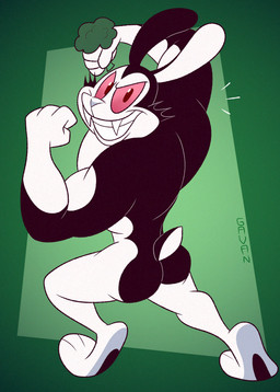anthro black_body black_ears black_fur black_tail broccoli butt fangs flexing food fur grin holding_broccoli holding_food holding_object long_ears looking_at_viewer male multicolored_body multicolored_fur muscular muscular_anthro muscular_male pink_sclera plant pose rear_view red_eyes scut_tail sharp_teeth short_tail smile solo tail teeth text three-quarter_view toony two_tone_body two_tone_fur two_tone_tail vegetable white_body white_fur white_nose white_tail gavanzude bunnicula_(series) bunnicula lagomorph leporid mammal rabbit vampire 2023 artist_name digital_media_(artwork) hi_res