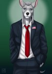 anthro black_nose blue_eyes bottomwear clothed clothing eyebrows fingers fur green_background grey_body grey_fur hair male necktie pants shirt simple_background solo standing tail topwear united_states_of_america white_eyebrows white_hair sajophoe canid canine mammal