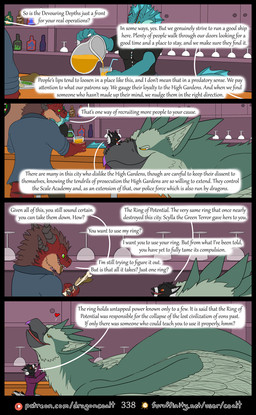 4_panel_comic anthro bar bar_stool beak black_body black_clothing black_horn black_shirt black_stripes black_topwear bone bottle brown_hair clothing coat container dialogue drinking_straw eating eyewear feathered_wings feathers female feral food frill_(anatomy) fur furaffinity_logo furniture glass glasses green_body green_eyes group hair hand_on_beak head_crest head_frill heart_symbol holding_food holding_jug holding_object horn jacket jug larger_female larger_feral male orange_eyes page_number patreon_logo plate purple_clothing purple_coat purple_topwear red_body red_fur scratching_neck serving_beverage shirt sitting_on_stool size_difference smaller_anthro smaller_male stool stripes tail tail_feathers tail_frill tan_body tan_fur teal_body text topwear wings yellow_eyes rimentus furaffinity mythology patreon caldius_ferrington_(rimentus) coalt emeralyn_(rimentus) rysindra_(rimentus) aquatic aquatic_dragon avian bird corvid dragon furred_dragon furred_scalie gryphon magpie_(corvid) mythological_avian mythological_creature mythological_scalie oscine passerine scalie wingless_dragon comic english_text hi_res multiple_scenes url
