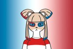 :< anthro black_nose blue_and_red blue_eyes blue_hair_tie blue_hair_tips clothing eye_paint female fur gradient_background hair pattern_clothing pattern_shirt pattern_topwear red_hair_tie red_hair_tips shirt simple_background solo striped_clothing striped_shirt striped_topwear stripes tan_body tan_fur tan_hair topwear white_body white_fur white_inner_ear millennium_fox mammal mustelid otter bust_portrait hi_res portrait