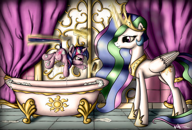 bath bathtub brush claw_foot_bathtub crown curtains cutie_mark dripping duo feathered_wings feathers female feral floating fur hair headgear horn inside magic multicolored_hair purple_body purple_eyes purple_fur purple_hair smile sponge two_tone_hair unimpressed water wet white_body white_fur wings young young_feral neko-me friendship_is_magic hasbro my_little_pony mythology princess_celestia_(mlp) twilight_sparkle_(mlp) equid equine mammal mythological_creature mythological_equine unicorn winged_unicorn absurd_res hi_res signature