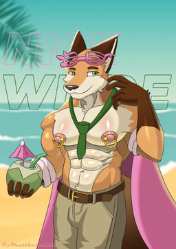 accessory anthro beach belt_buckle buckle clothed clothing eyewear holding_coconut long_pants male necktie nipple_piercing nipples open_clothing open_shirt open_topwear piercing shirt solo sunglasses topwear akat/starfox disney zootopia nick_wilde canid canine fox humanoid mammal absurd_res hi_res