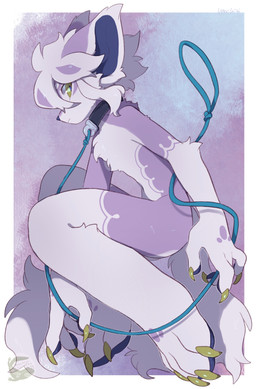 ambiguous_gender anthro blue_nose claws collar finger_claws fur hair leash pawpads simple_background solo tail toe_claws white_body yellow_claws yellow_eyes mochiri canid mammal absurd_res hi_res tagme