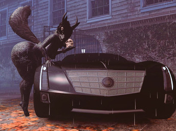 anthro bent_over big_butt black_body black_hair bone breasts butt car courtyard curvy_figure female fluffy fluffy_tail hair horn human_skull looking_aside looking_at_viewer nude on_car outside plantigrade presenting presenting_hindquarters raining raised_tail side_view skull solo tail vehicle isazicfazbear scp-023 2020 3d_(artwork) digital_media_(artwork)