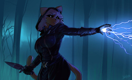 anthro belt_buckle big_breasts black_sclera breasts buckle cloak clothing cloud cloudy_sky dagger electricity female forest fur gloves hair handwear holding_object holding_weapon hood magic_user melee_weapon plant pupils sky solo tail teeth thalmor tree weapon white_hair white_pupils yellow_body yellow_fur fanteliscio bethesda_game_studios microsoft skyrim the_elder_scrolls domestic_cat felid feline felis mammal absurd_res hi_res line_art shaded