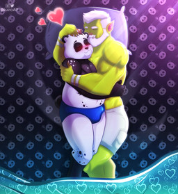 barazoku beard bed black_body black_fur blush body_hair brown_hair chest_tuft cuddling facial_hair fur furniture green_body hair hairy heart_symbol kneeling lying lying_on_bed male markings multicolored_body multicolored_fur muscular muscular_male mustache on_bed petting pillow romantic romantic_couple smile spots spotted_body spotted_fur tuft white_body white_fur ikaroap azure_(pupblueslut) torug_(pupblueslut) bear giant_panda mammal orc 2025 hi_res
